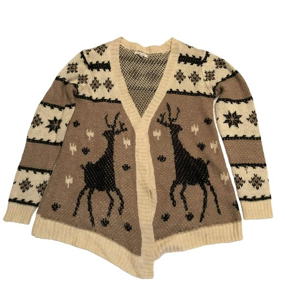 REINDEER CARDIGAN SIZE M / L COZY CASUAL BROWN BEIGE SNOWFLAKES WOMENS - Picture 1 of 3